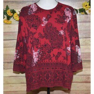 Alfred Dunner Ladies L Red & Black Paisley Print Knit Tunic Top Beads Sequin